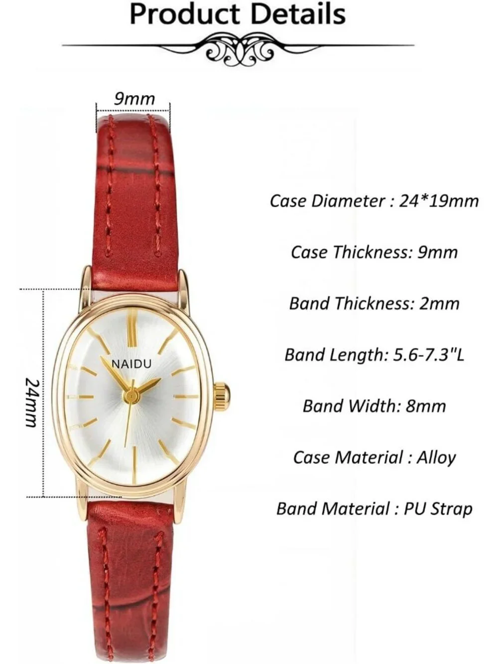 Women's Red White Analog Quartz Classic Oval Case PU Leather Casual Wrist Watch